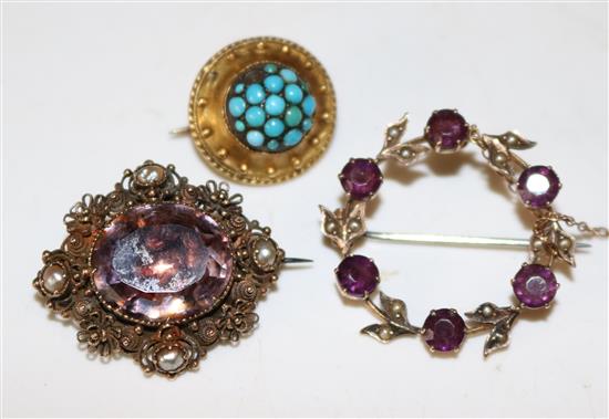 3 x gem set brooches